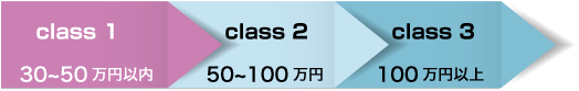 class 1、30~50万円以内・class 2、50~100万円・class 3、100万円以上